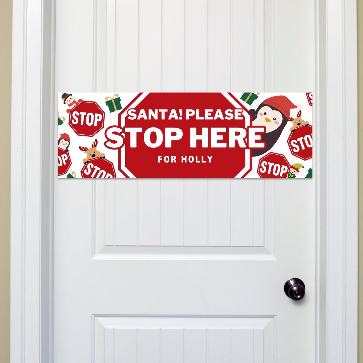 Personalised Santa Stop Here Banner  Stop Sign Design  Custom Christmas Decoration for Young Kids  Up to 3 Names  Cute Xmas Print Gift