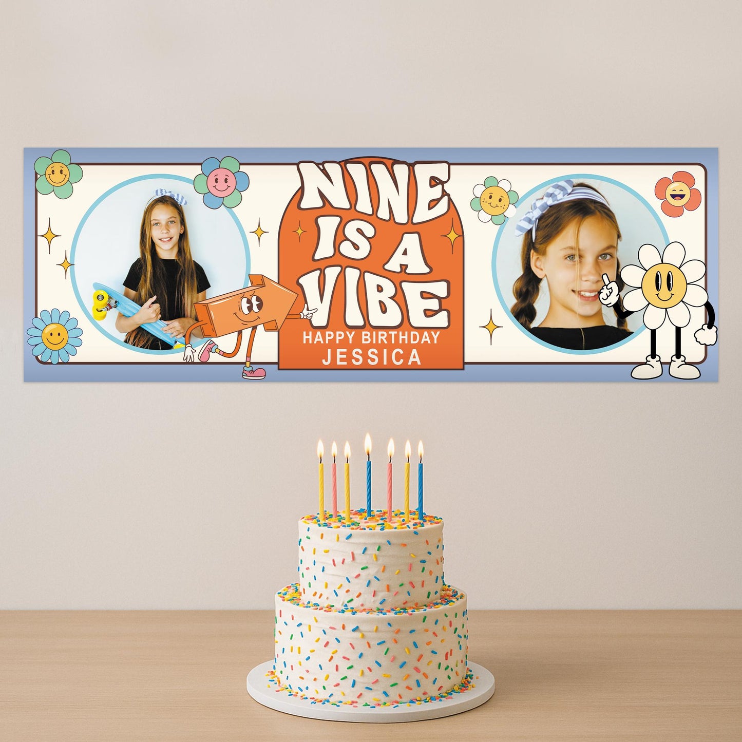 Personalised Birthday Banner for Kids  "Is A Vibe" Custom Party Decoration with Photos & Name | Ages 1 to 10 | Retro Flower Power Design
