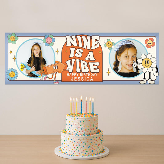 Personalised Birthday Banner for Kids  "Is A Vibe" Custom Party Decoration with Photos & Name | Ages 1 to 10 | Retro Flower Power Design