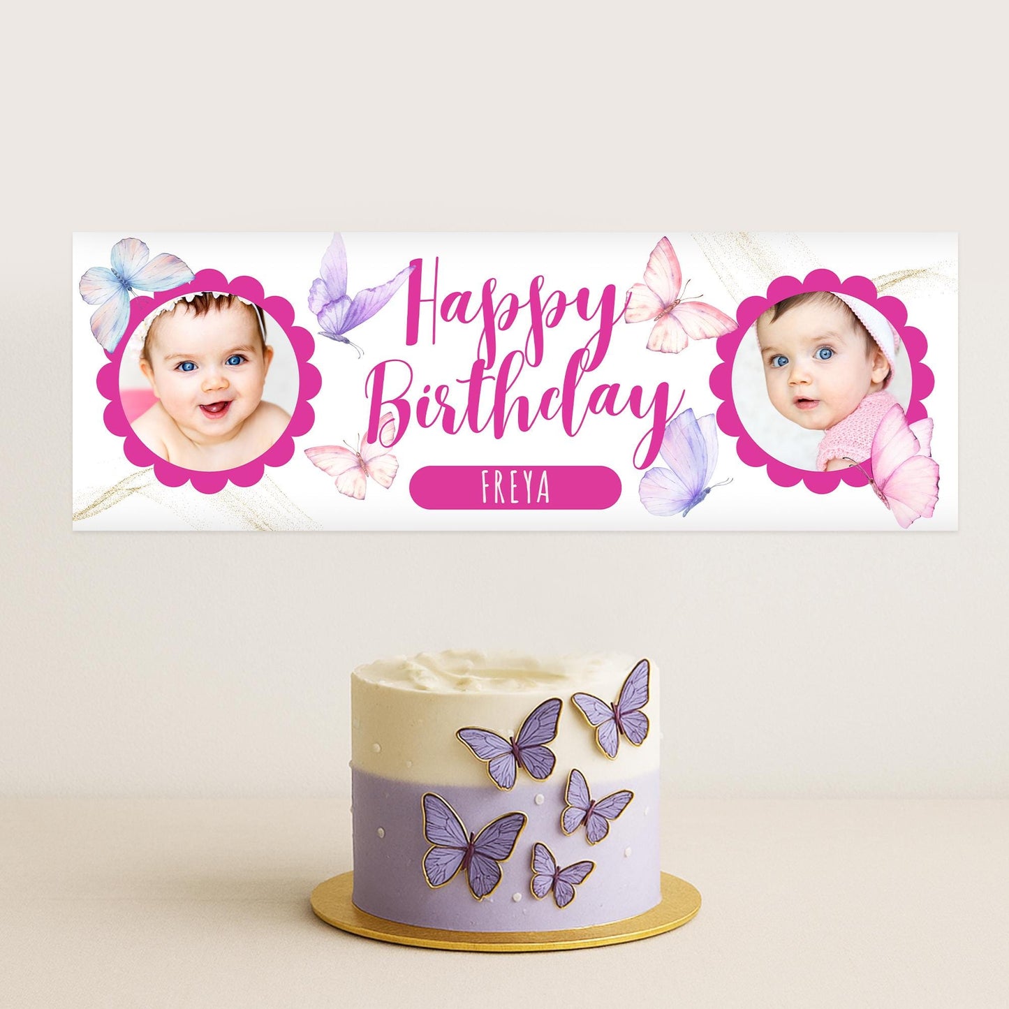 Personalised Butterfly Birthday Banner  Custom Name & Photo Party Decoration | Girls Birthday Party Banner | Pink and Purple Theme