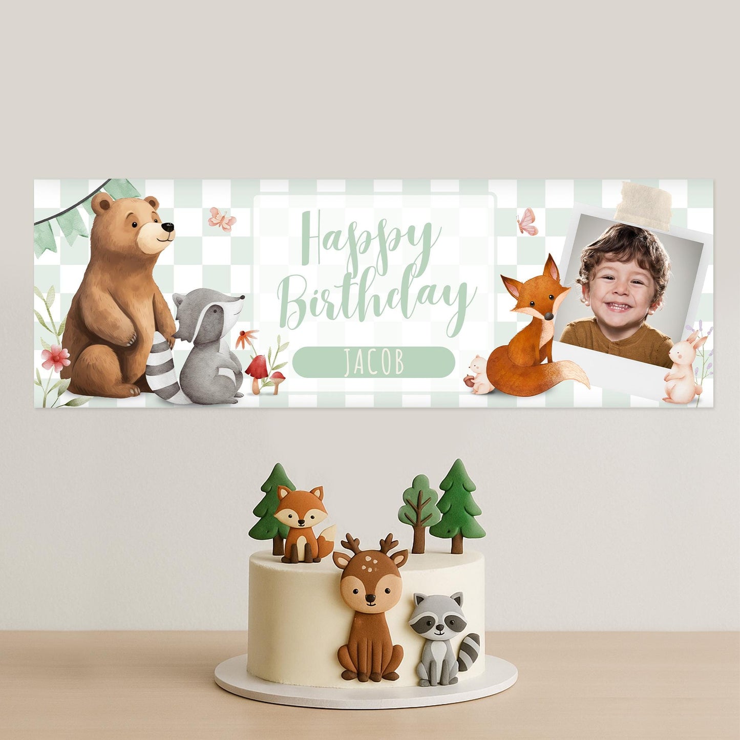 Personalised Woodland Birthday Banner  Custom Name & Photo Party Decoration | Boys and Girls Birthday Banner | Neutral Forest Animal Theme