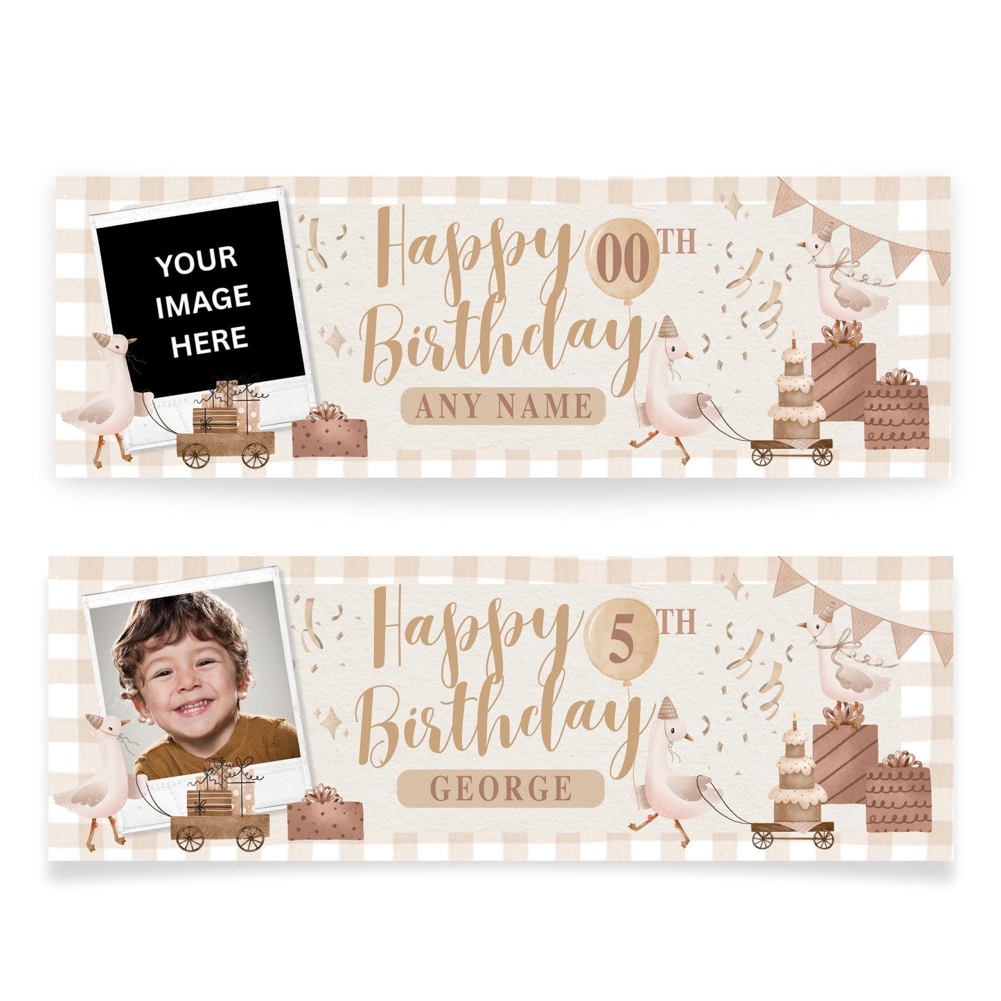 Personalised Birthday Banner with Photo & Name  Goose Themed Neutral Beige Party Decoration  Custom Age Birthday Sign for Kids   Rustic