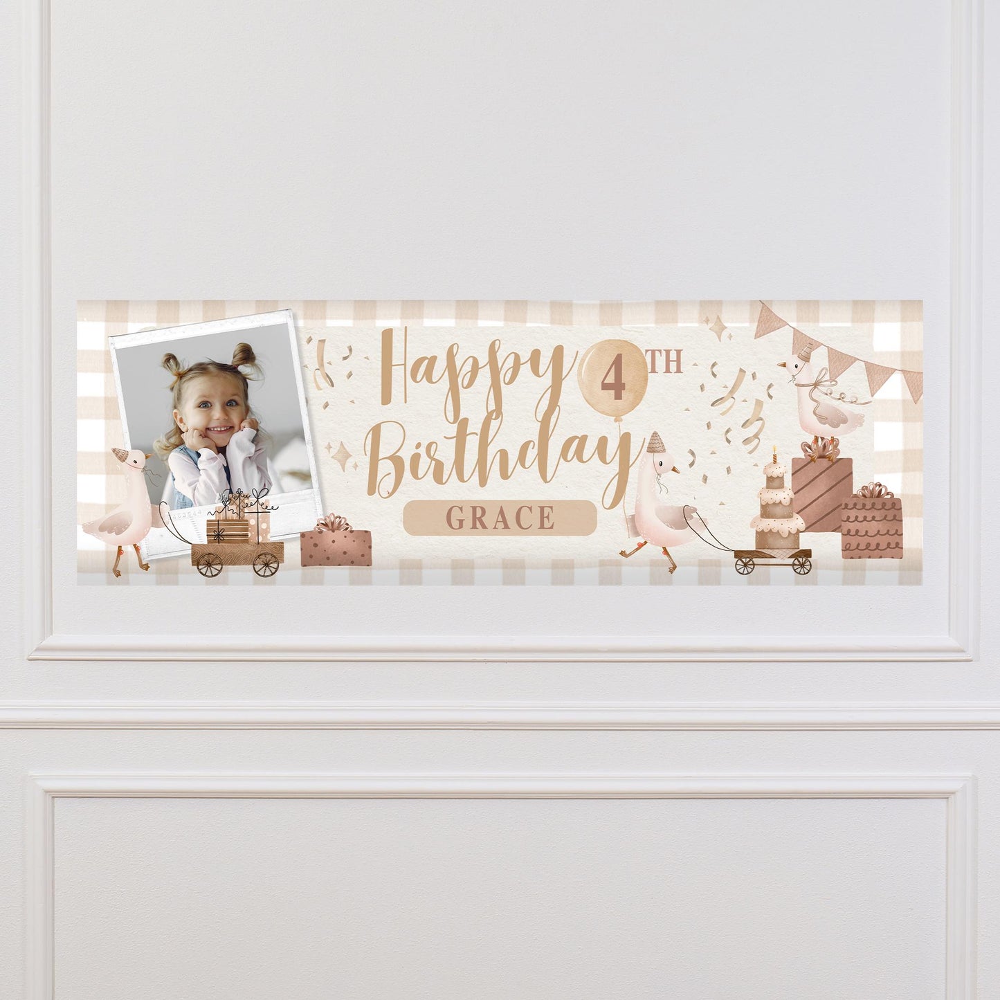 Personalised Birthday Banner with Photo & Name  Goose Themed Neutral Beige Party Decoration  Custom Age Birthday Sign for Kids   Rustic