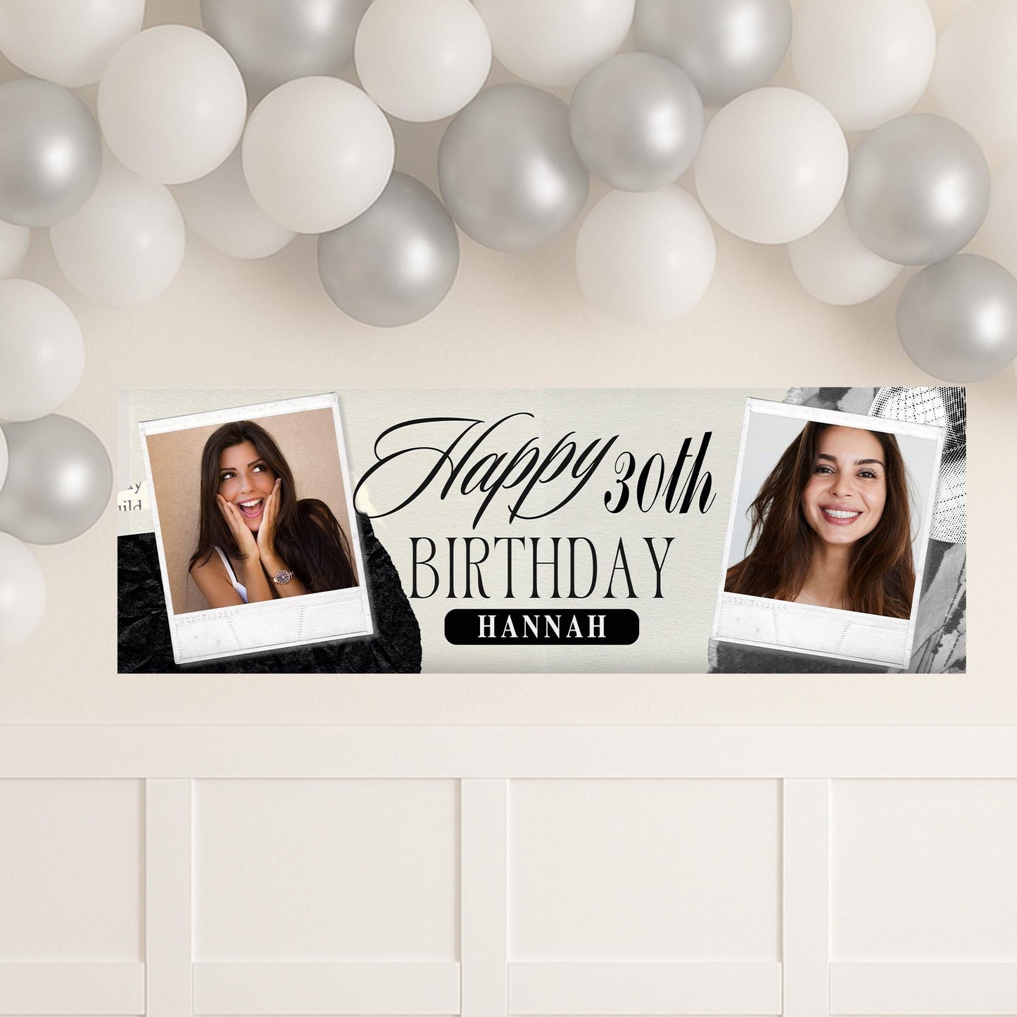 Personalised Birthday Banner with Photos & Name  Monochrome Collage Style Custom Party Decoration  Any Age Birthday Sign