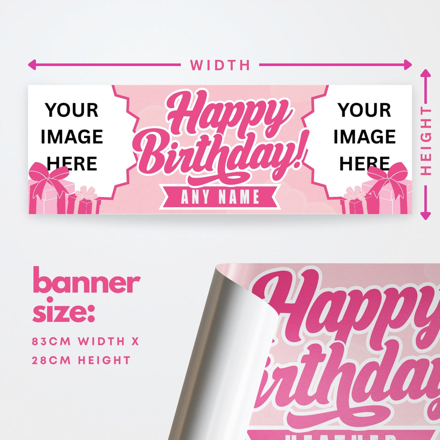 Personalised Birthday Banner with Photos & Name  Pink Presents Party Decoration  Custom Happy Birthday Sign for Girls  Pink Decor