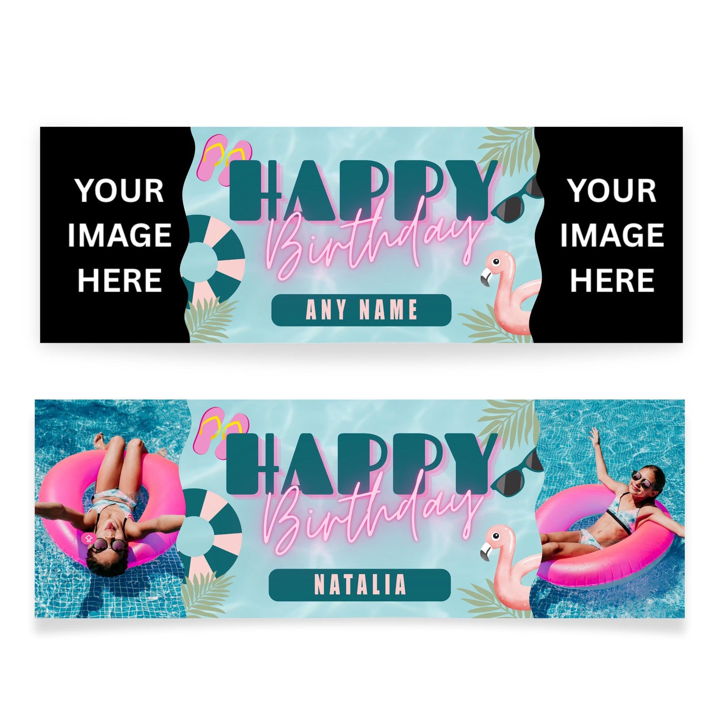 Personalised Pool Party Birthday Banner with Photos & Name  Summer Theme Custom Party Decoration  Flamingo Pool Party Decor