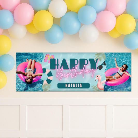 Personalised Pool Party Birthday Banner with Photos & Name  Summer Theme Custom Party Decoration  Flamingo Pool Party Decor