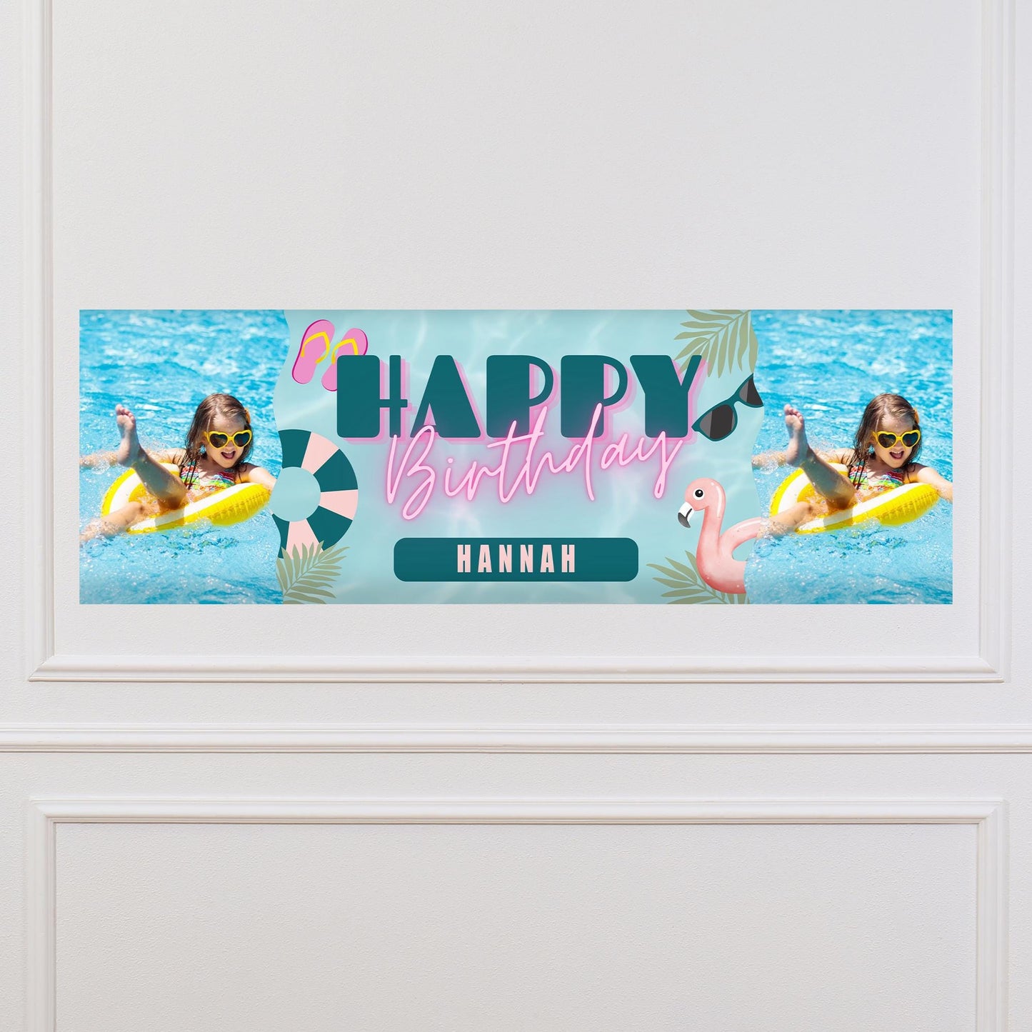 Personalised Pool Party Birthday Banner with Photos & Name  Summer Theme Custom Party Decoration  Flamingo Pool Party Decor
