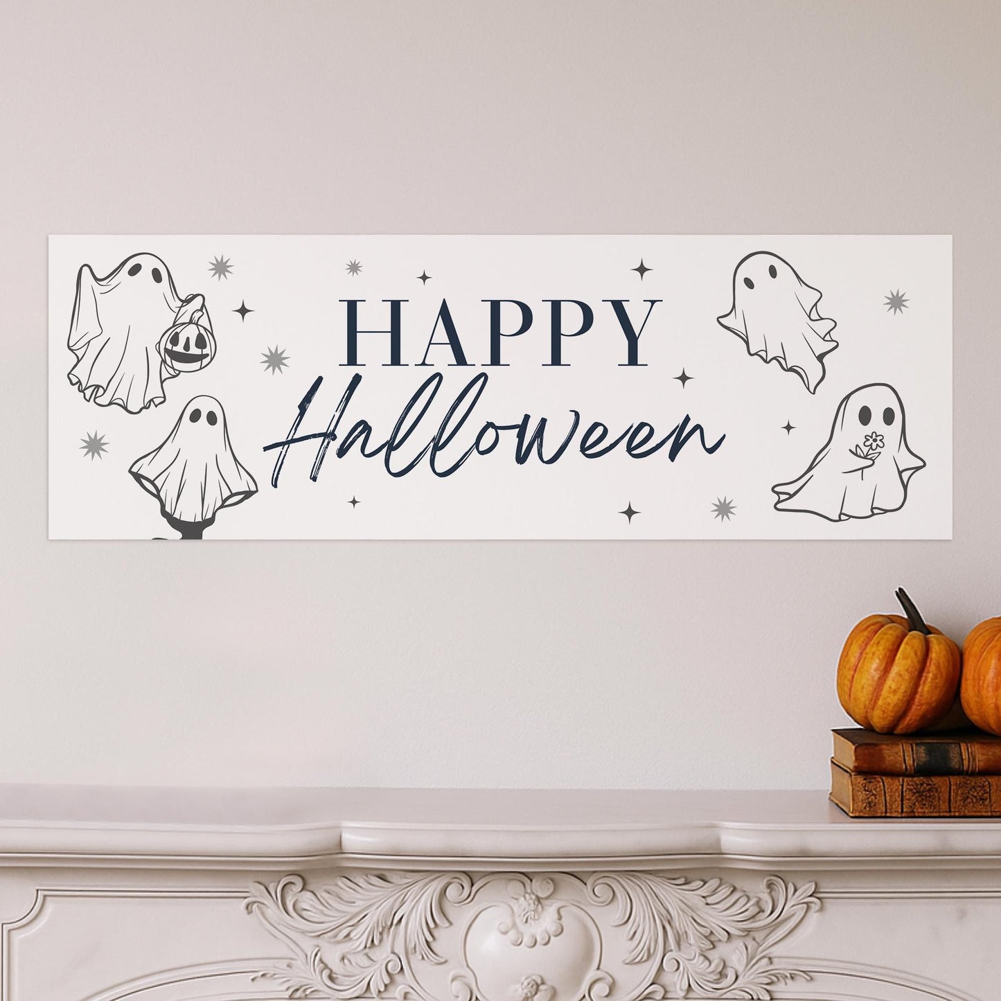 Happy Halloween Banner  Cute Ghost: Halloween Decor, Haunted House Party Decoration, Spooky Kid-Friendly Photo Backdrop