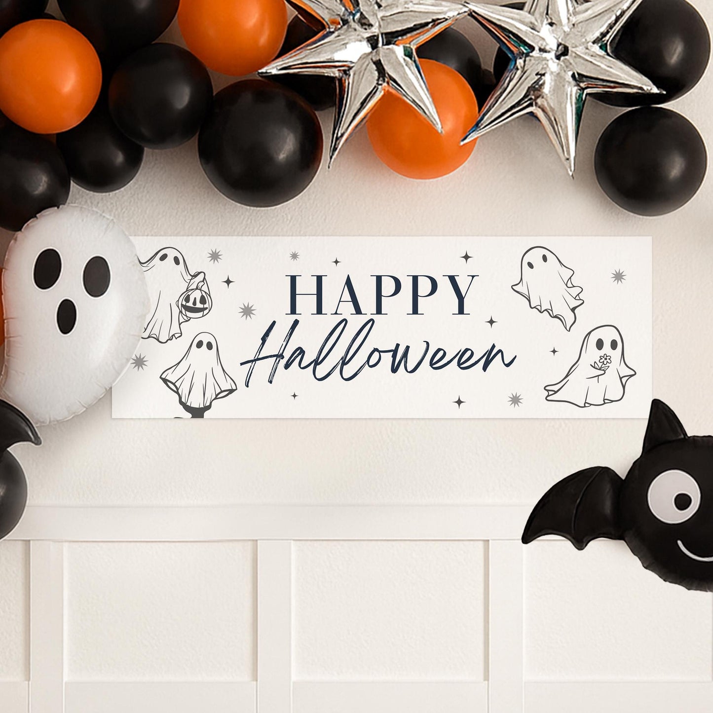 Happy Halloween Banner  Cute Ghost: Halloween Decor, Haunted House Party Decoration, Spooky Kid-Friendly Photo Backdrop