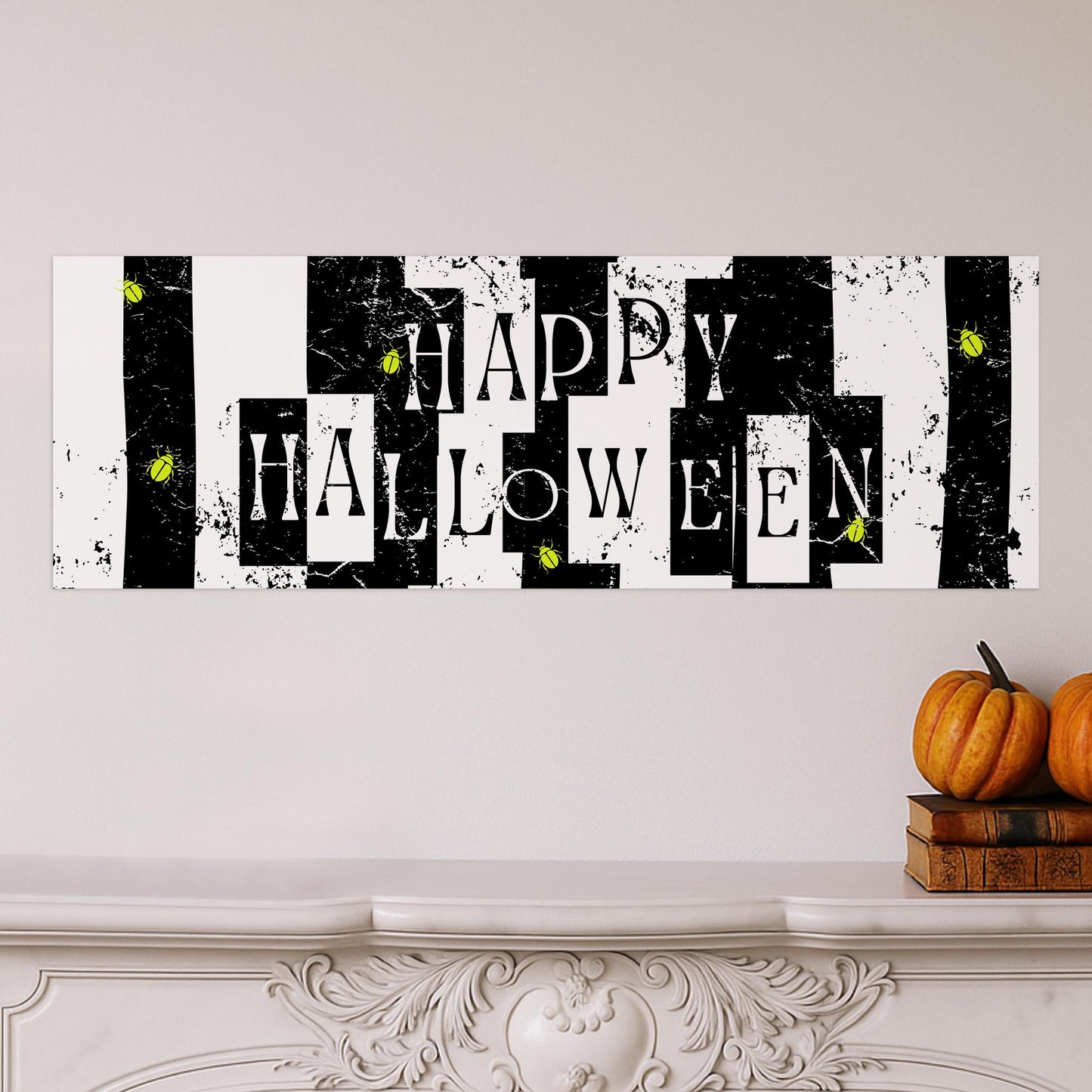 Happy Halloween Banner  Striped: Black & White Halloween Decor with Beetle Accents, Haunted House Party Decoration, Spooky Photo Backdrop
