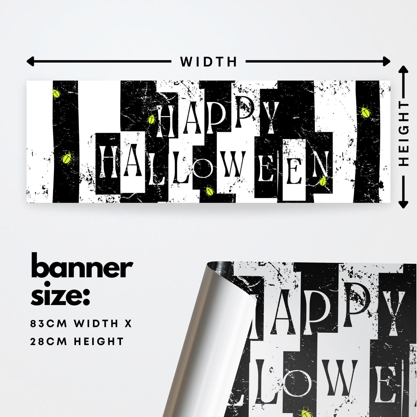 Happy Halloween Banner  Striped: Black & White Halloween Decor with Beetle Accents, Haunted House Party Decoration, Spooky Photo Backdrop