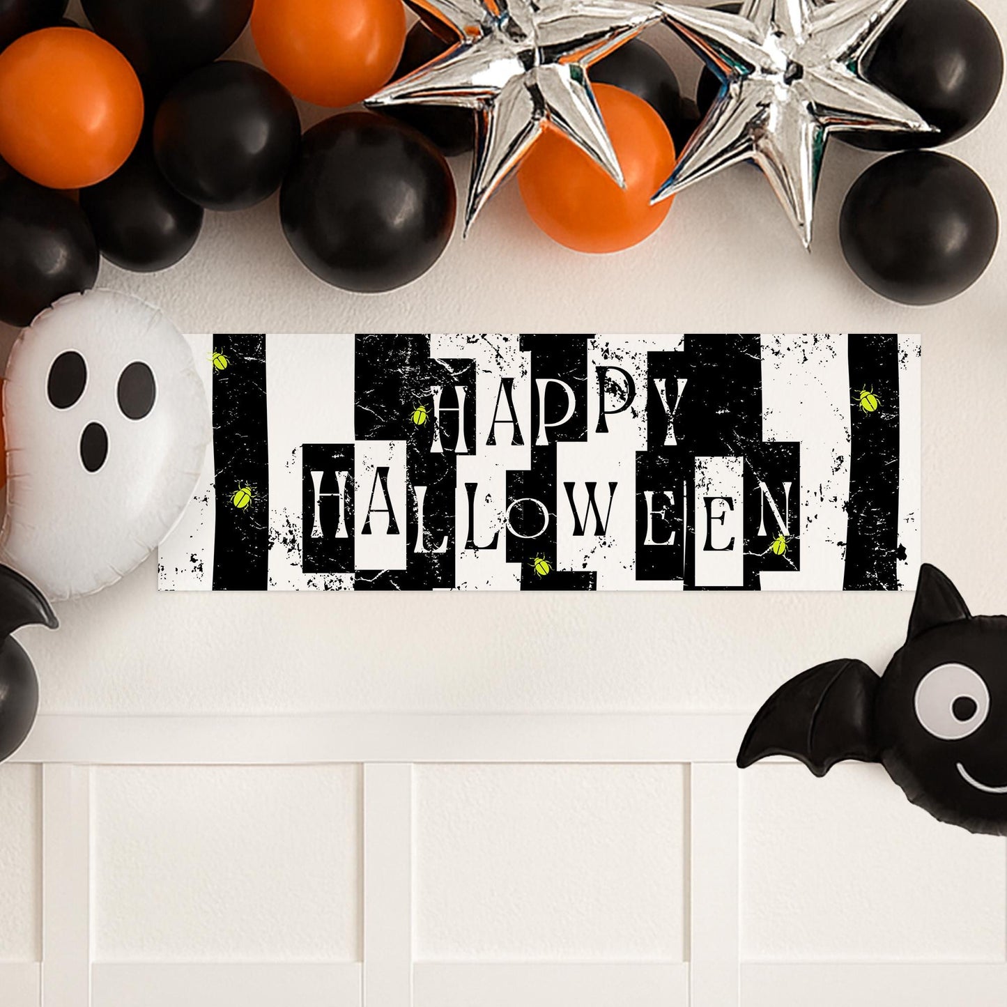Happy Halloween Banner  Striped: Black & White Halloween Decor with Beetle Accents, Haunted House Party Decoration, Spooky Photo Backdrop