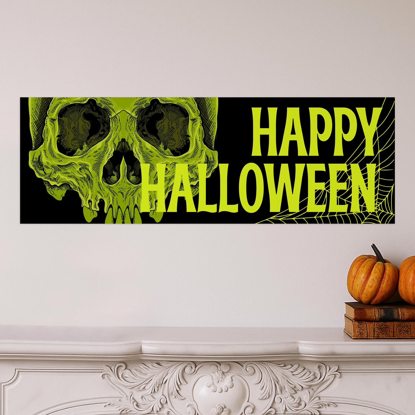 Happy Halloween Banner  Green Skull: Halloween Decor, Haunted House Party Decoration, Spooky Photo Backdrop, Horror Themed Sign