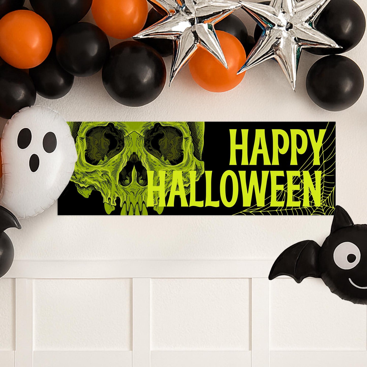 Happy Halloween Banner  Green Skull: Halloween Decor, Haunted House Party Decoration, Spooky Photo Backdrop, Horror Themed Sign