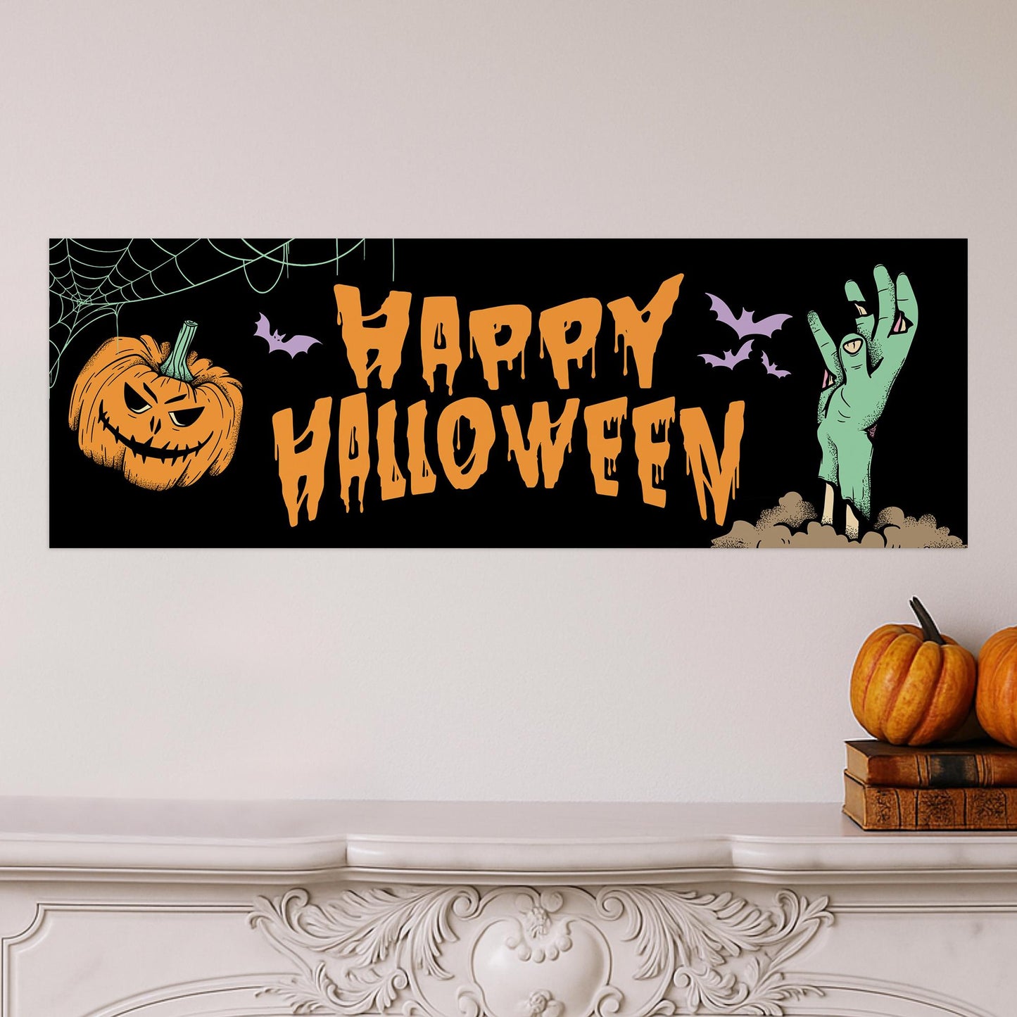 Happy Halloween Banner  Pumpkin & Zombie: Cartoon Halloween Decor, Haunted House Party Decoration, Retro Vibes Spooky Photo Backdrop