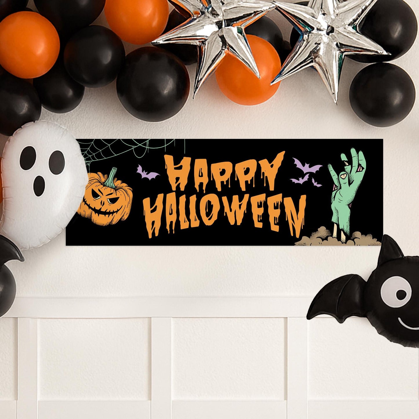 Happy Halloween Banner  Pumpkin & Zombie: Cartoon Halloween Decor, Haunted House Party Decoration, Retro Vibes Spooky Photo Backdrop