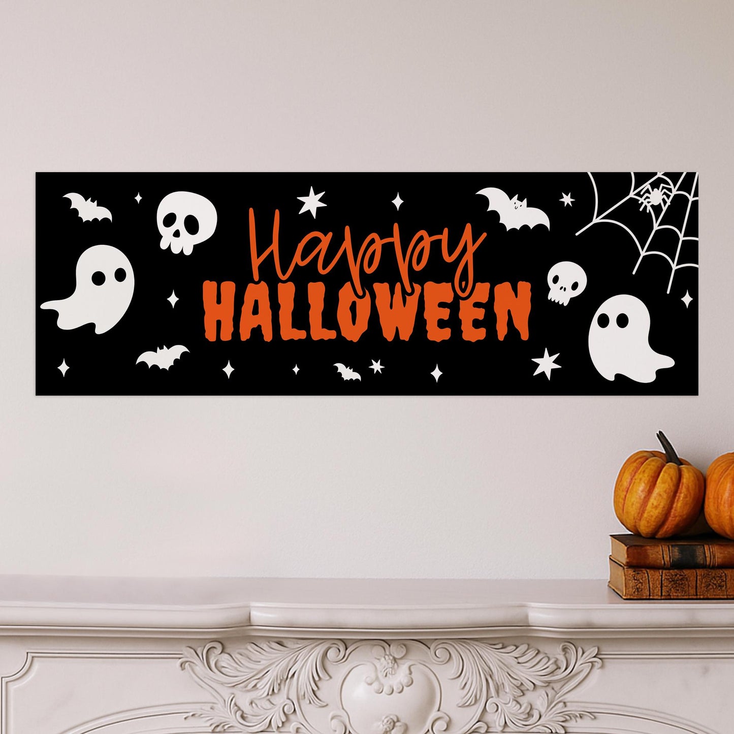 Happy Halloween Banner  Ghost & Skull: Reusable Halloween Decor, Haunted House Party Decoration, Spooky Photo Backdrop, Seasonal Decor