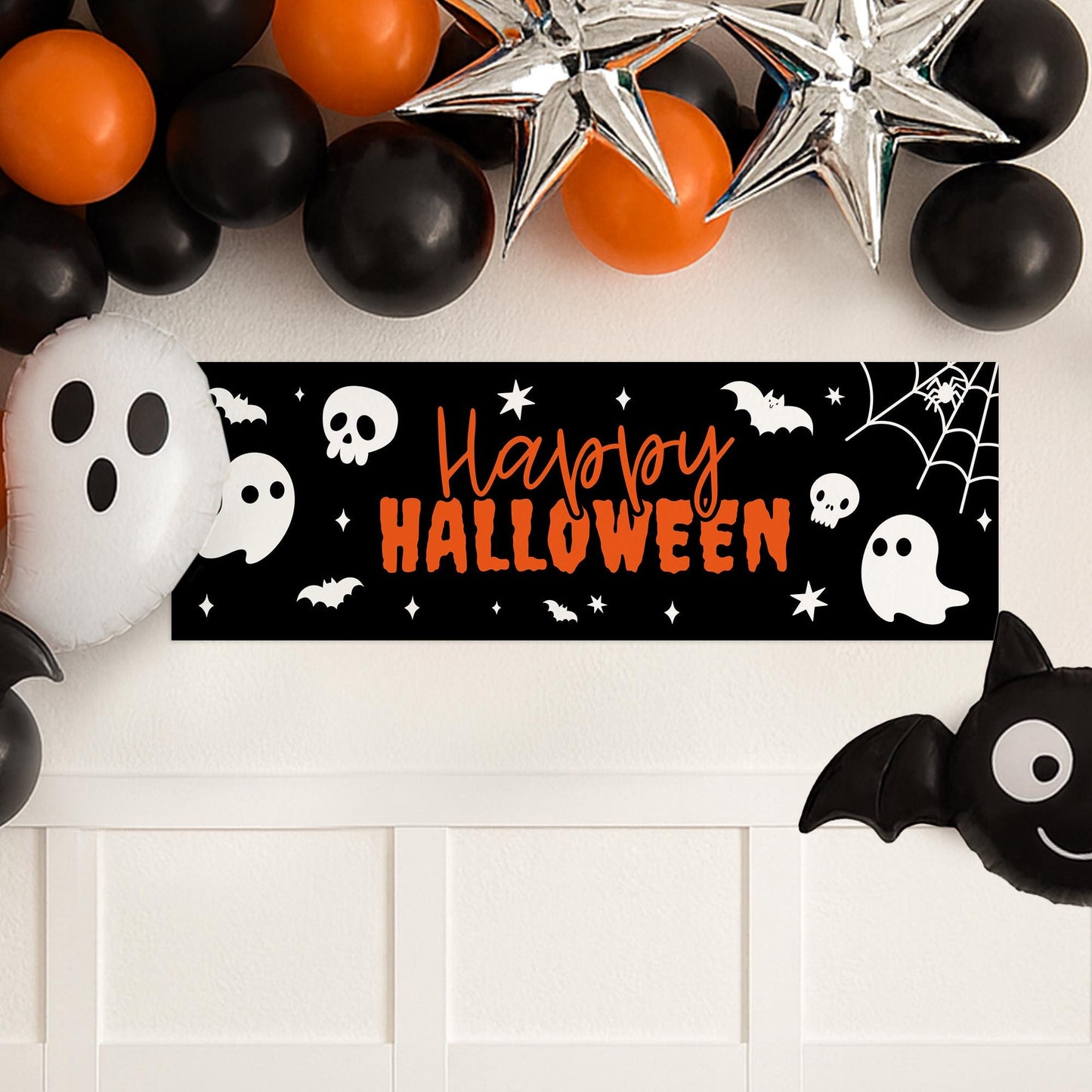 Happy Halloween Banner  Ghost & Skull: Reusable Halloween Decor, Haunted House Party Decoration, Spooky Photo Backdrop, Seasonal Decor