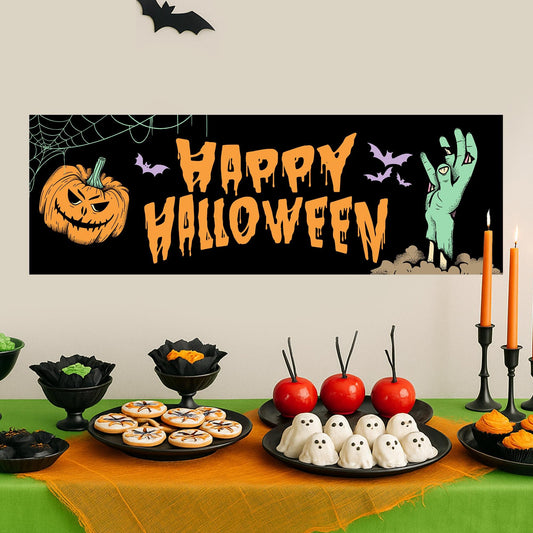 Happy Halloween Banner  Pumpkin & Zombie: Cartoon Halloween Decor, Haunted House Party Decoration, Retro Vibes Spooky Photo Backdrop