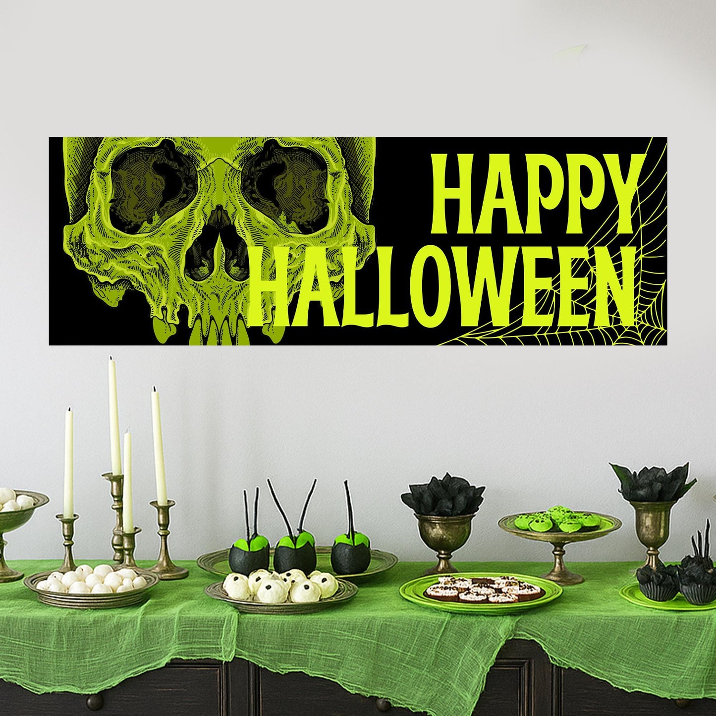 Happy Halloween Banner  Green Skull: Halloween Decor, Haunted House Party Decoration, Spooky Photo Backdrop, Horror Themed Sign