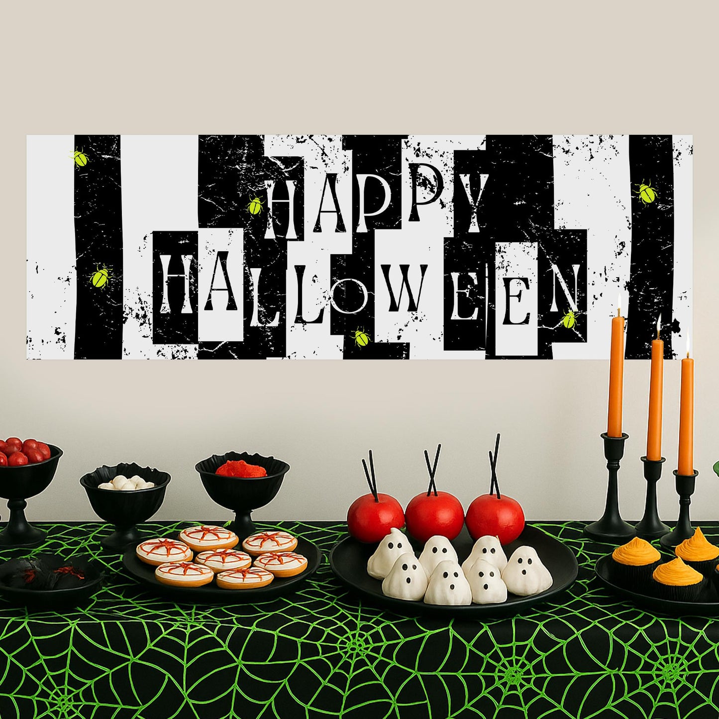 Happy Halloween Banner  Striped: Black & White Halloween Decor with Beetle Accents, Haunted House Party Decoration, Spooky Photo Backdrop