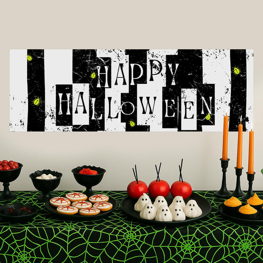 Happy Halloween Banner  Striped: Black & White Halloween Decor with Beetle Accents, Haunted House Party Decoration, Spooky Photo Backdrop