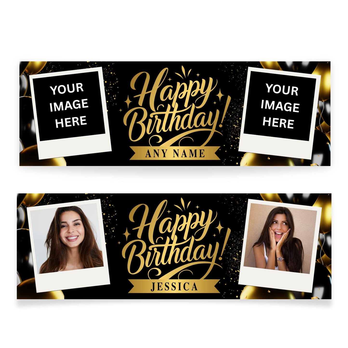 Personalised Birthday Banner with Photos and Name  Black & Gold Classic Party Decoration  Custom Happy Birthday Sign  For Him or For Her