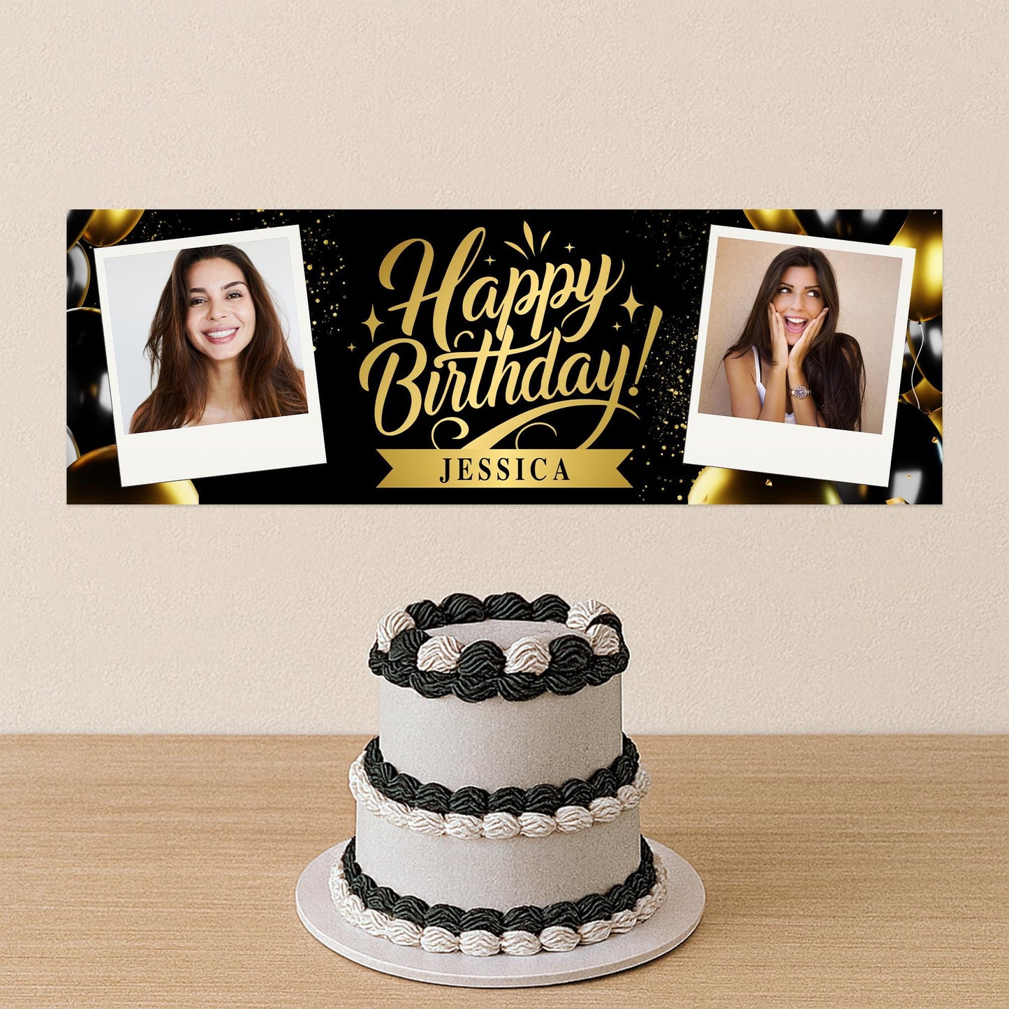 Personalised Birthday Banner with Photos and Name  Black & Gold Classic Party Decoration  Custom Happy Birthday Sign  For Him or For Her
