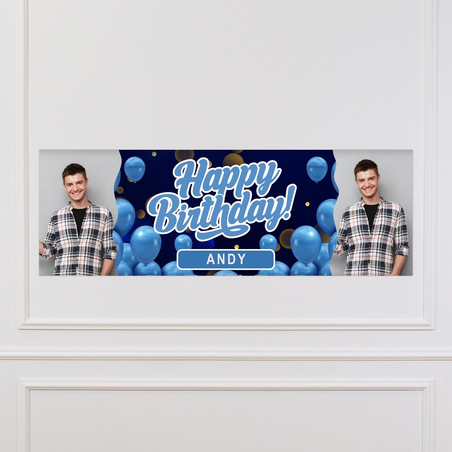 Personalised Birthday Banner with Photos & Name  Blue Balloon Party Decoration  Custom Happy Birthday Sign  Blue Themed Decor  For Him