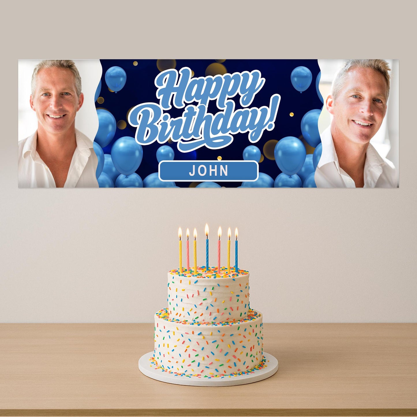 Personalised Birthday Banner with Photos & Name  Blue Balloon Party Decoration  Custom Happy Birthday Sign  Blue Themed Decor  For Him