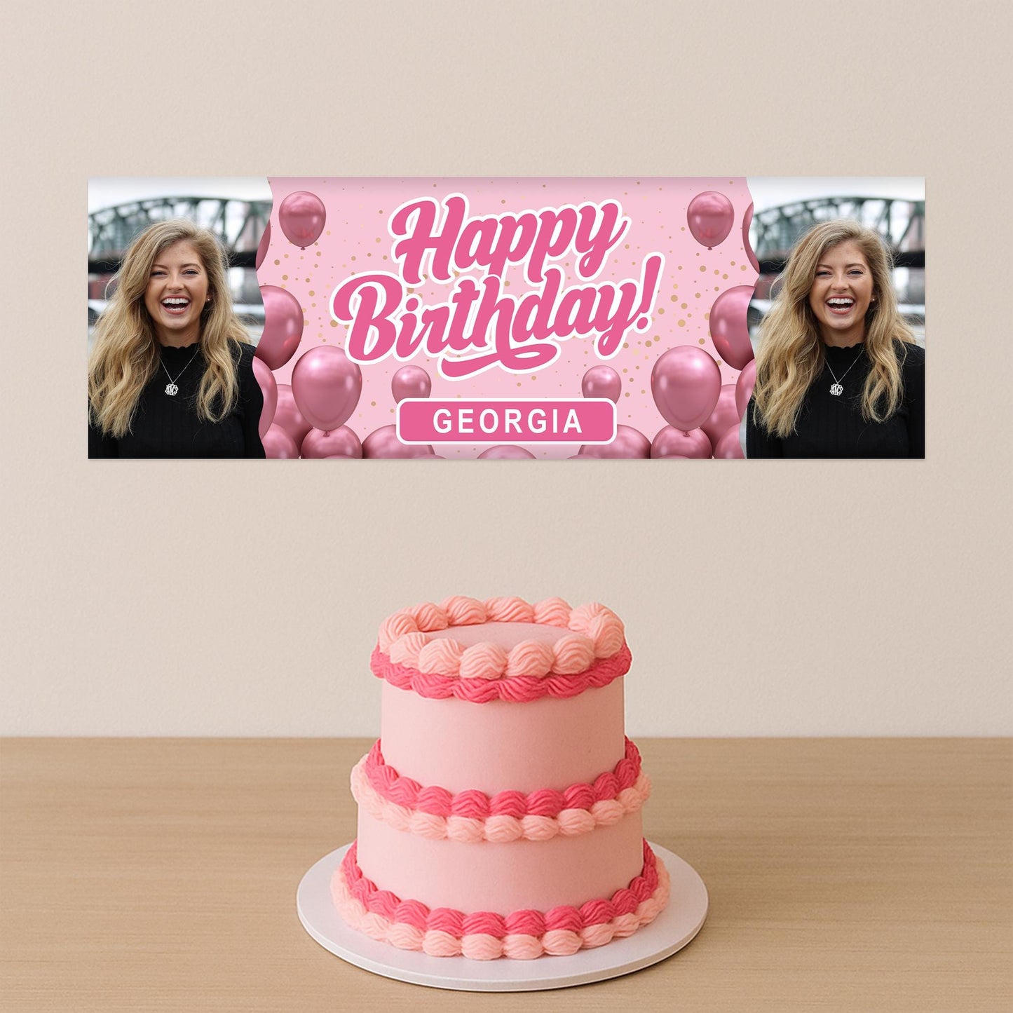 Personalised Birthday Banner with Photos & Name  Pink Classic Balloon Party Design  Custom Happy Birthday Sign For Her  Pink Party Theme