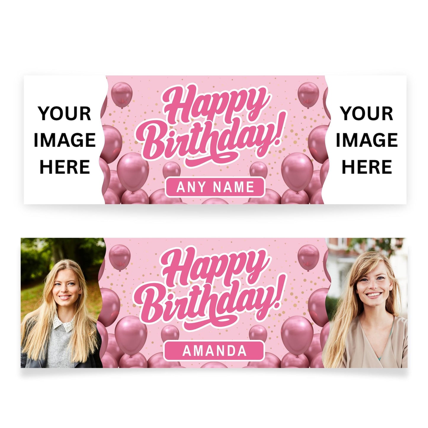 Personalised Birthday Banner with Photos & Name  Pink Classic Balloon Party Design  Custom Happy Birthday Sign For Her  Pink Party Theme