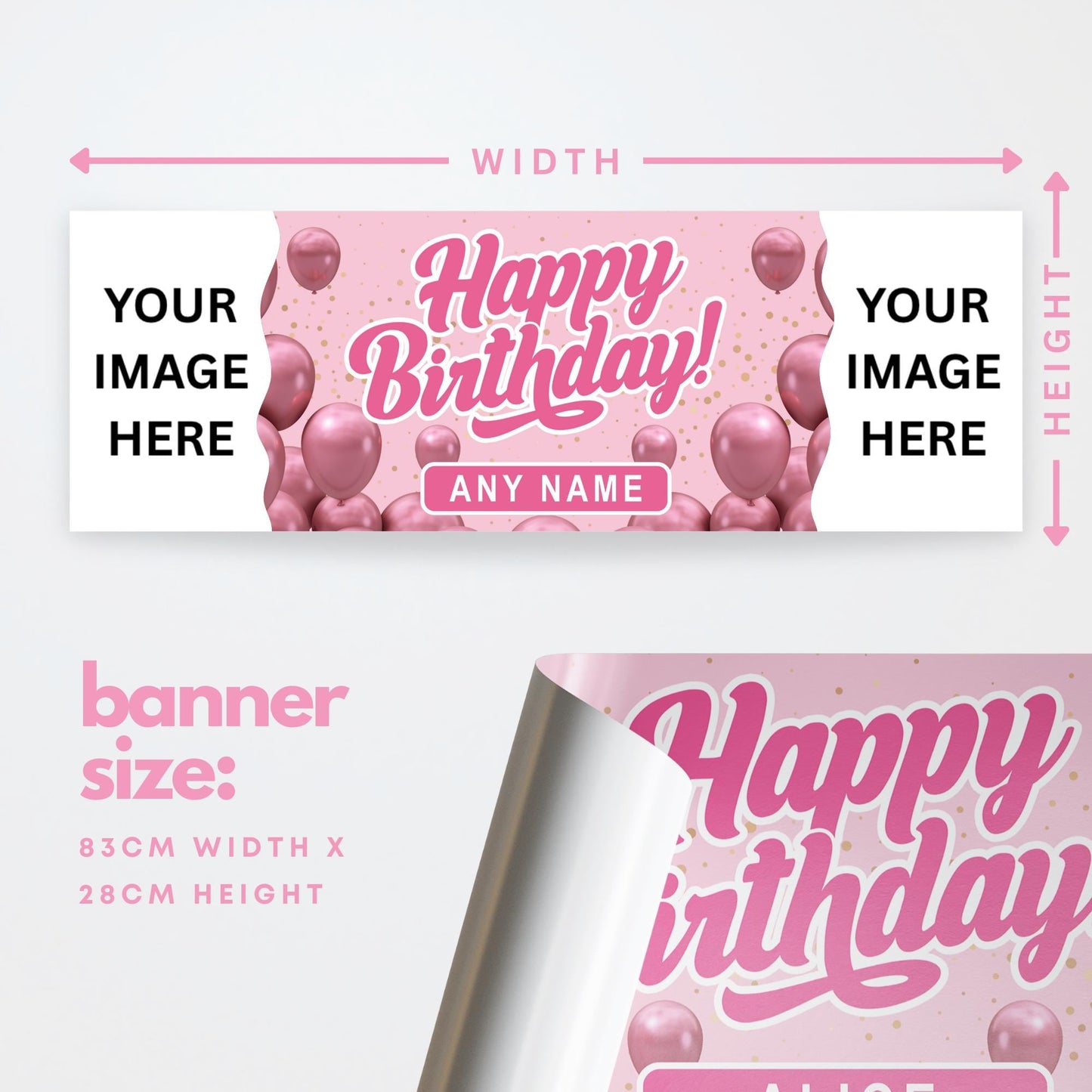 Personalised Birthday Banner with Photos & Name  Pink Classic Balloon Party Design  Custom Happy Birthday Sign For Her  Pink Party Theme