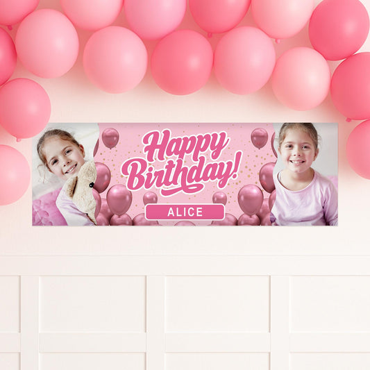 Personalised Birthday Banner with Photos & Name  Pink Classic Balloon Party Design  Custom Happy Birthday Sign For Her  Pink Party Theme