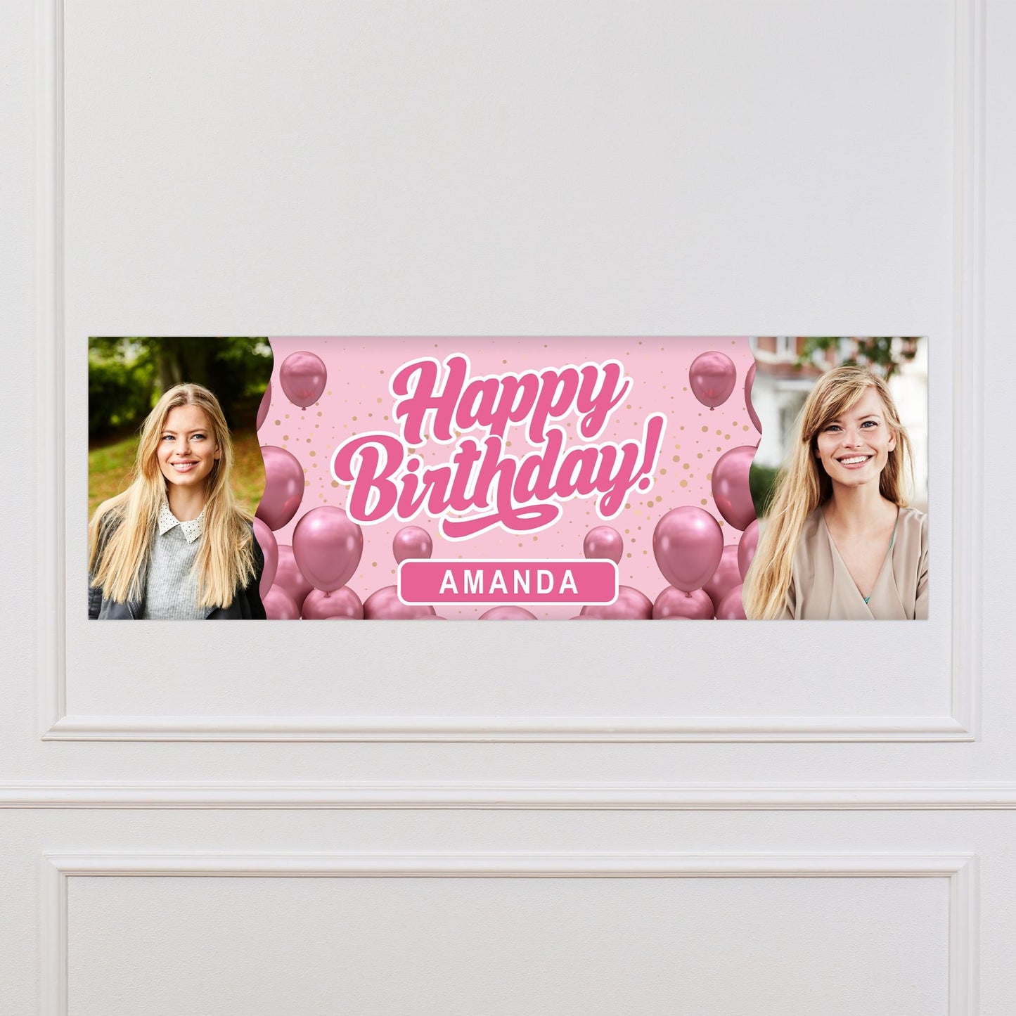 Personalised Birthday Banner with Photos & Name  Pink Classic Balloon Party Design  Custom Happy Birthday Sign For Her  Pink Party Theme