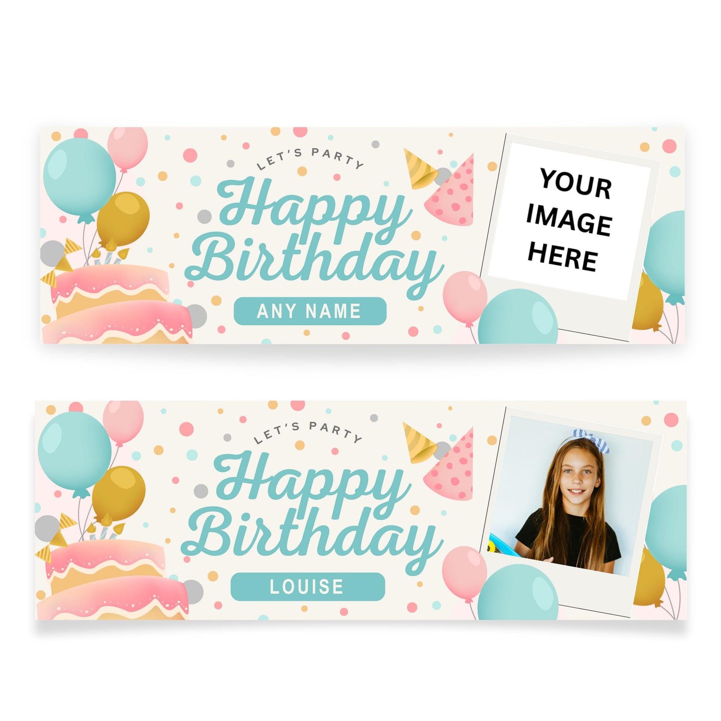 Personalised Birthday Banner with Photos & Name  Pastel Party Balloon and Cake Design  Custom Happy Birthday Sign  Kids Party Decor
