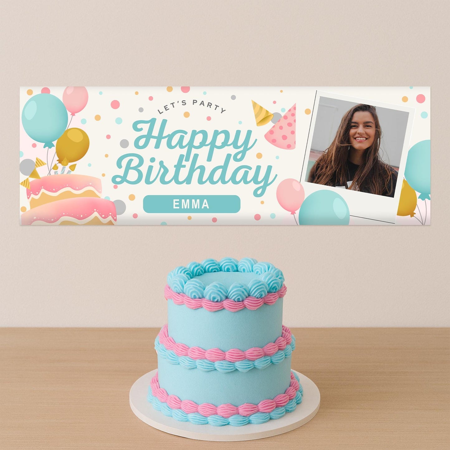 Personalised Birthday Banner with Photos & Name  Pastel Party Balloon and Cake Design  Custom Happy Birthday Sign  Kids Party Decor