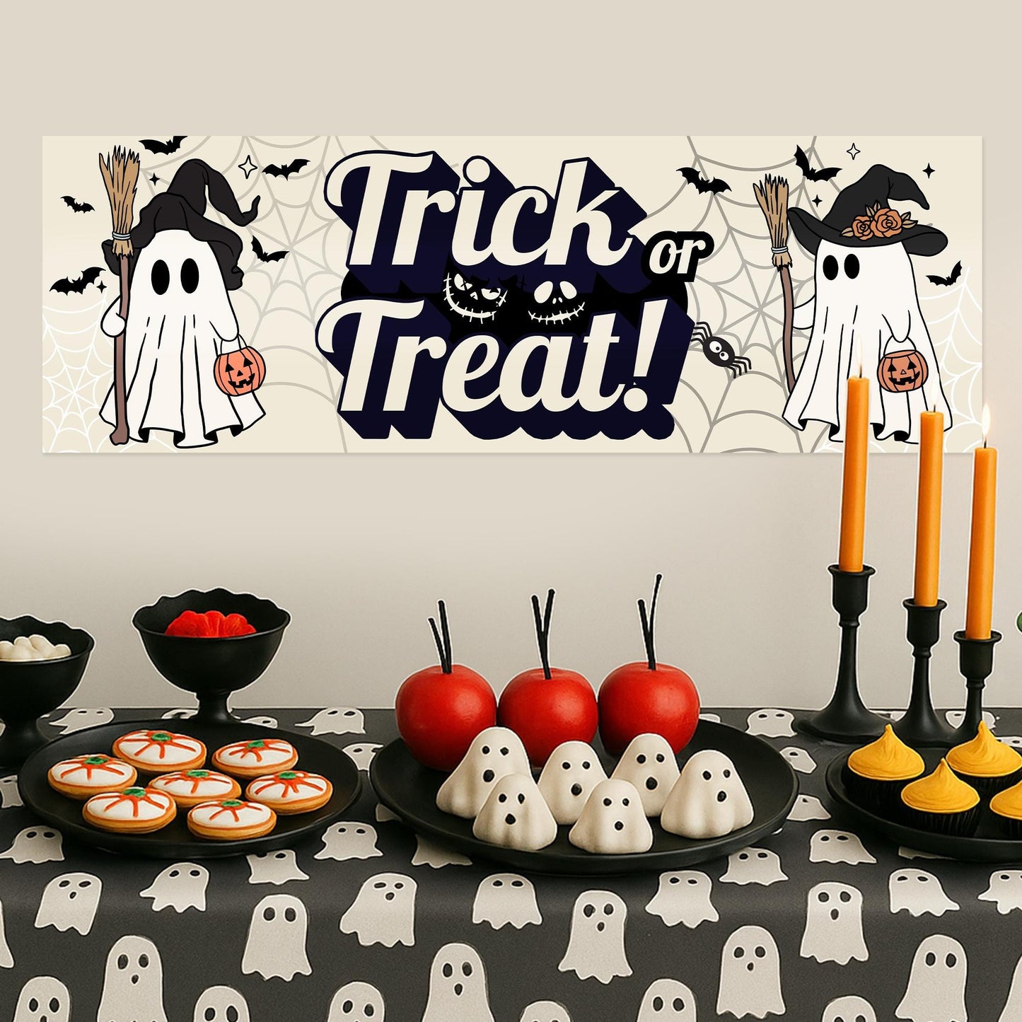 Halloween Trick or Treat Banner  Cute Ghost Witch Design  Halloween Party Decoration   Photo Backdrop  Seasonal Decor