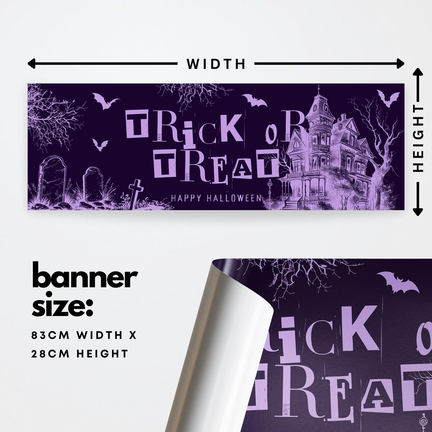 Halloween Trick or Treat Banner  Haunted House Design  Spooky Purple Halloween Party Decoration   Photo Backdrop  Seasonal Decor