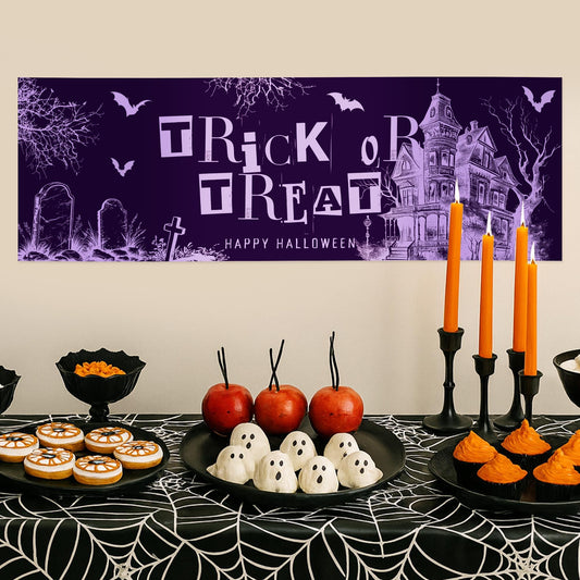 Halloween Trick or Treat Banner  Haunted House Design  Spooky Purple Halloween Party Decoration   Photo Backdrop  Seasonal Decor