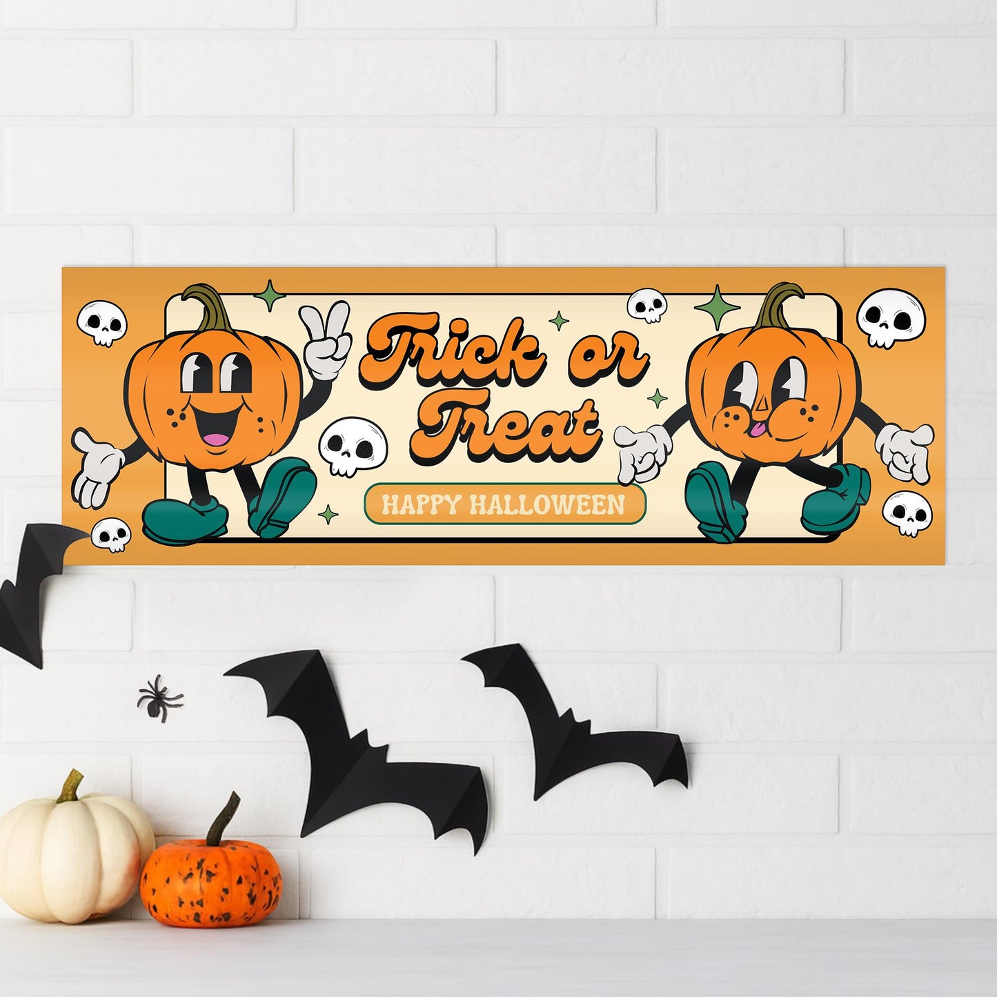 Halloween Trick or Treat Banner  Retro Pumpkin Design  Halloween Party Decoration   Photo Backdrop  Seasonal Decor  Trick or Treat Sign