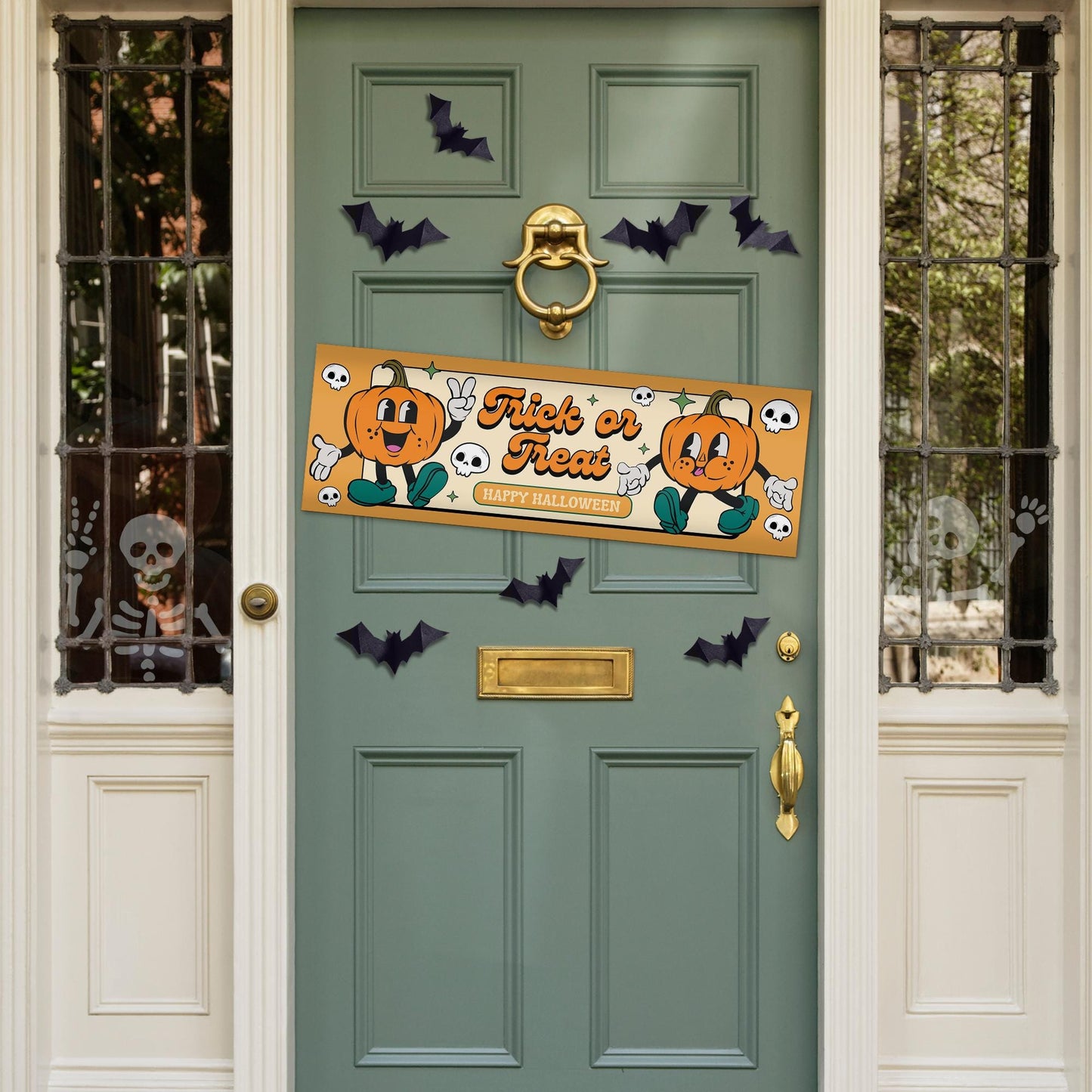 Halloween Trick or Treat Banner  Retro Pumpkin Design  Halloween Party Decoration   Photo Backdrop  Seasonal Decor  Trick or Treat Sign