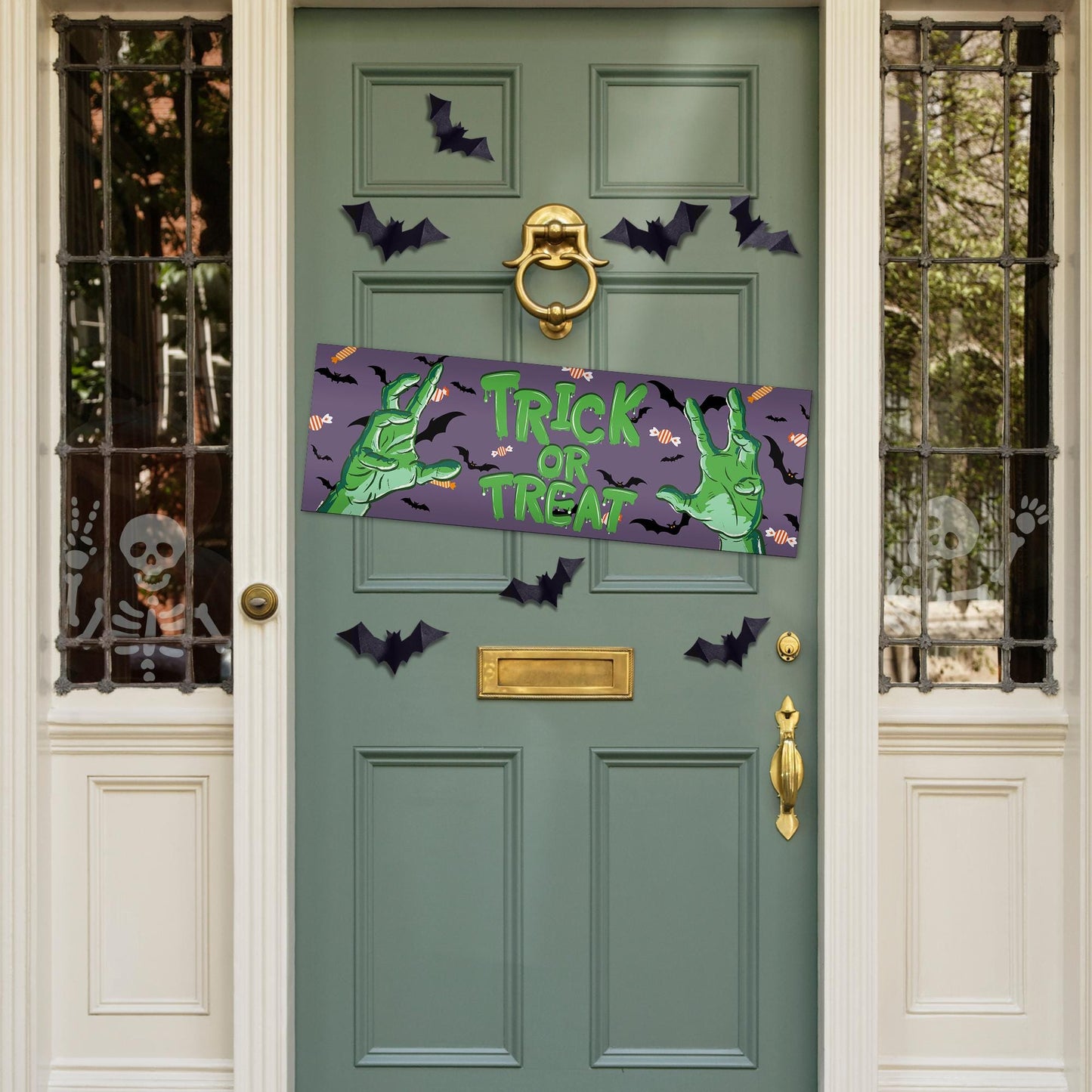 Halloween Trick or Treat Banner  Zombie Hands Design  Traditional Horror Themed Halloween Party Decoration  Seasonal Sign Decor