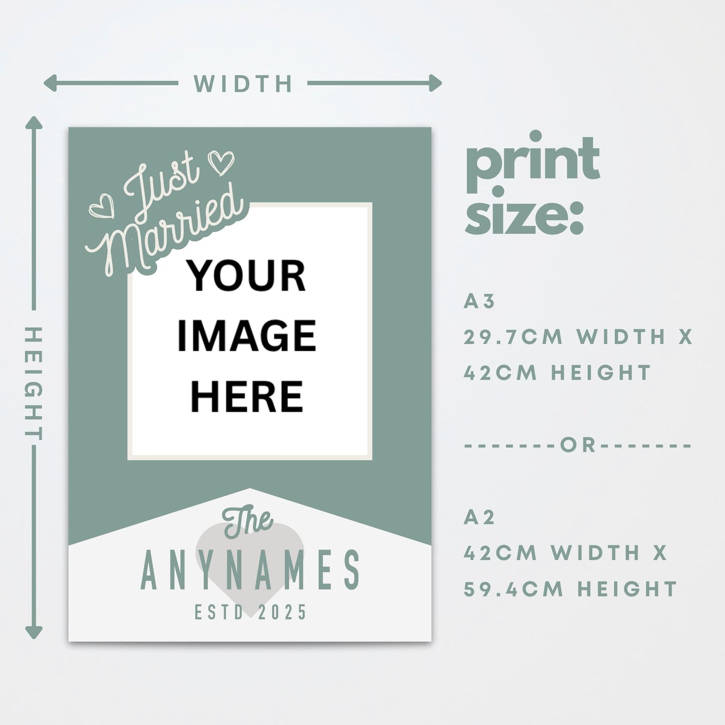 Personalised Wedding Photo Print  Retro Green “Just Married Custom Poster with Photo, Surname & Year  Wedding Reception Party Decor