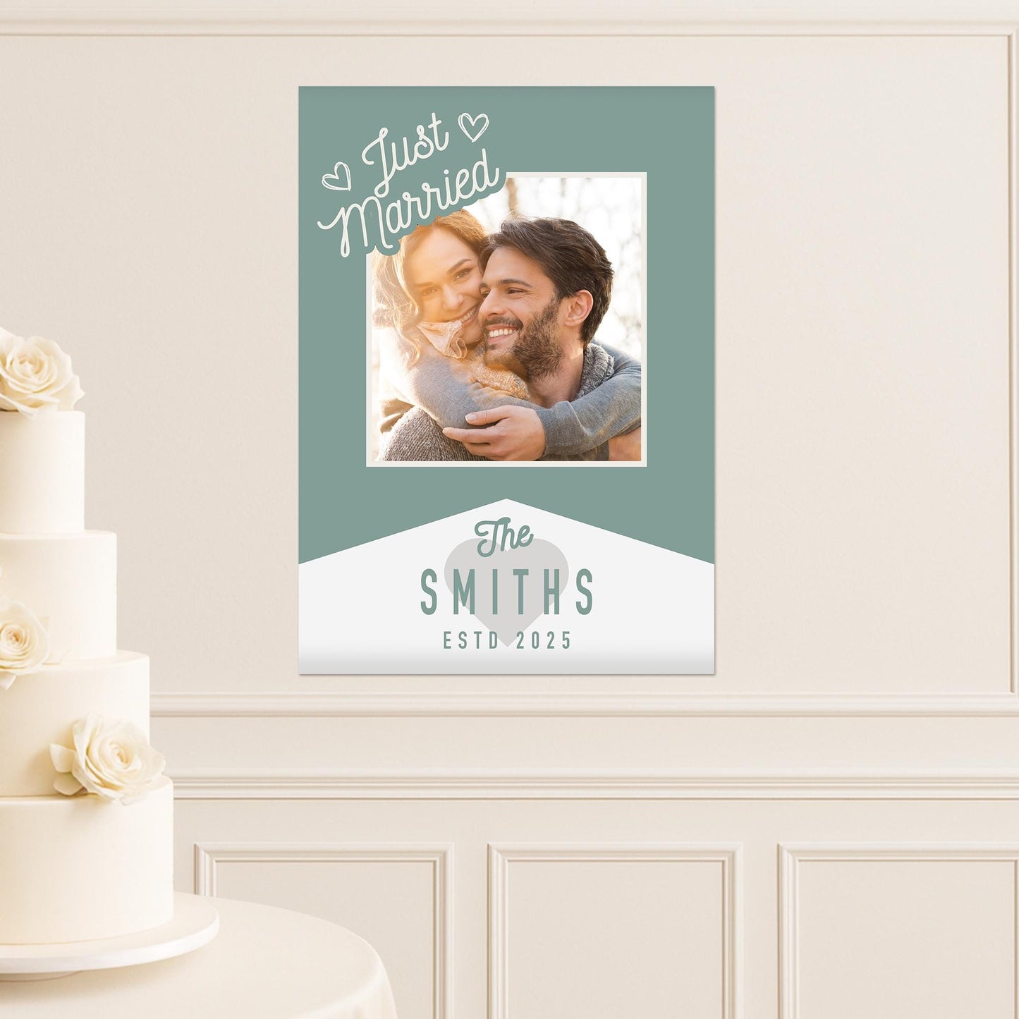 Personalised Wedding Photo Print  Retro Green “Just Married Custom Poster with Photo, Surname & Year  Wedding Reception Party Decor