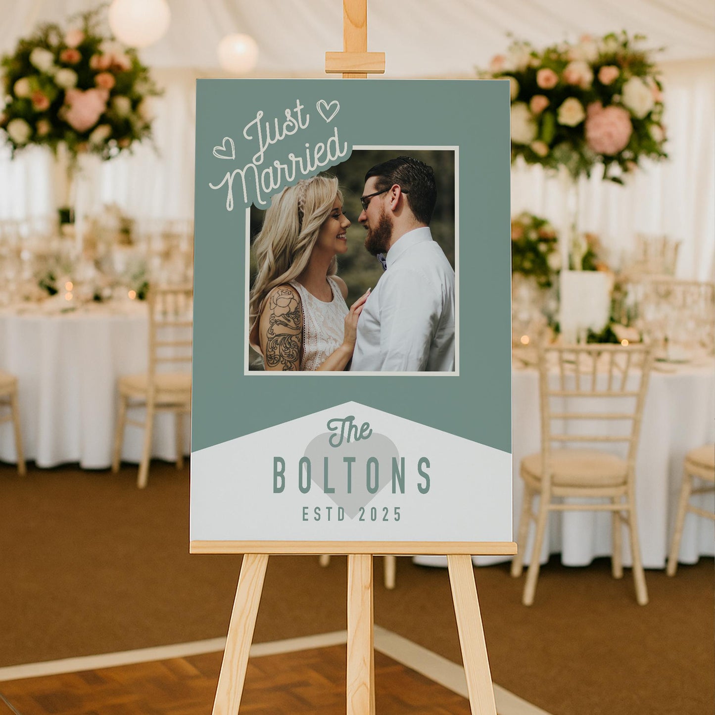 Personalised Wedding Photo Print  Retro Green “Just Married Custom Poster with Photo, Surname & Year  Wedding Reception Party Decor