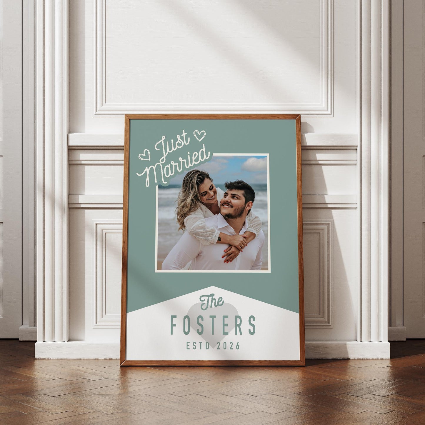 Personalised Wedding Photo Print  Retro Green “Just Married Custom Poster with Photo, Surname & Year  Wedding Reception Party Decor