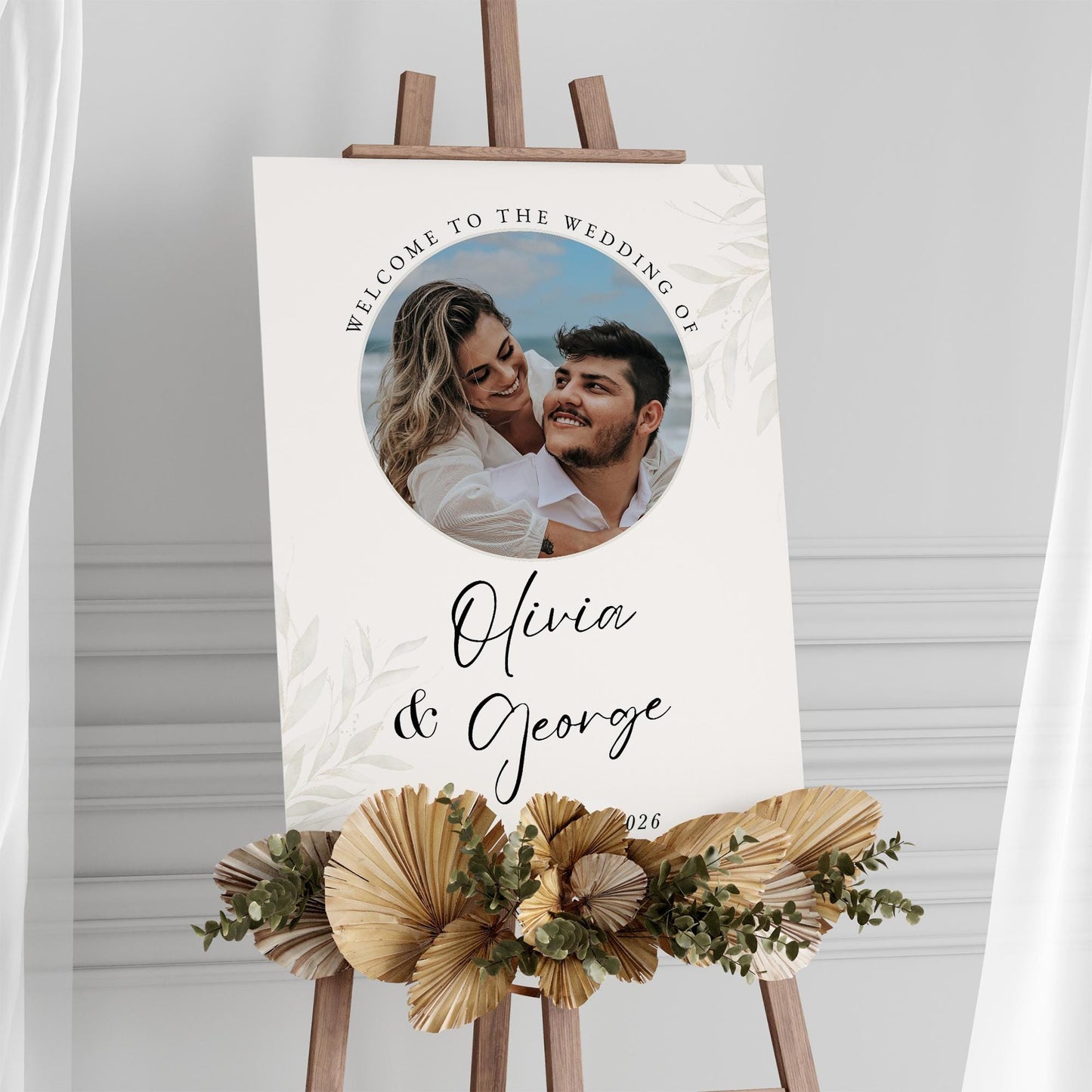 Personalised Wedding Photo Print  Neutral Leaves Muted Style Custom Poster  Wedding Reception Decor or Engagement Party Decoration