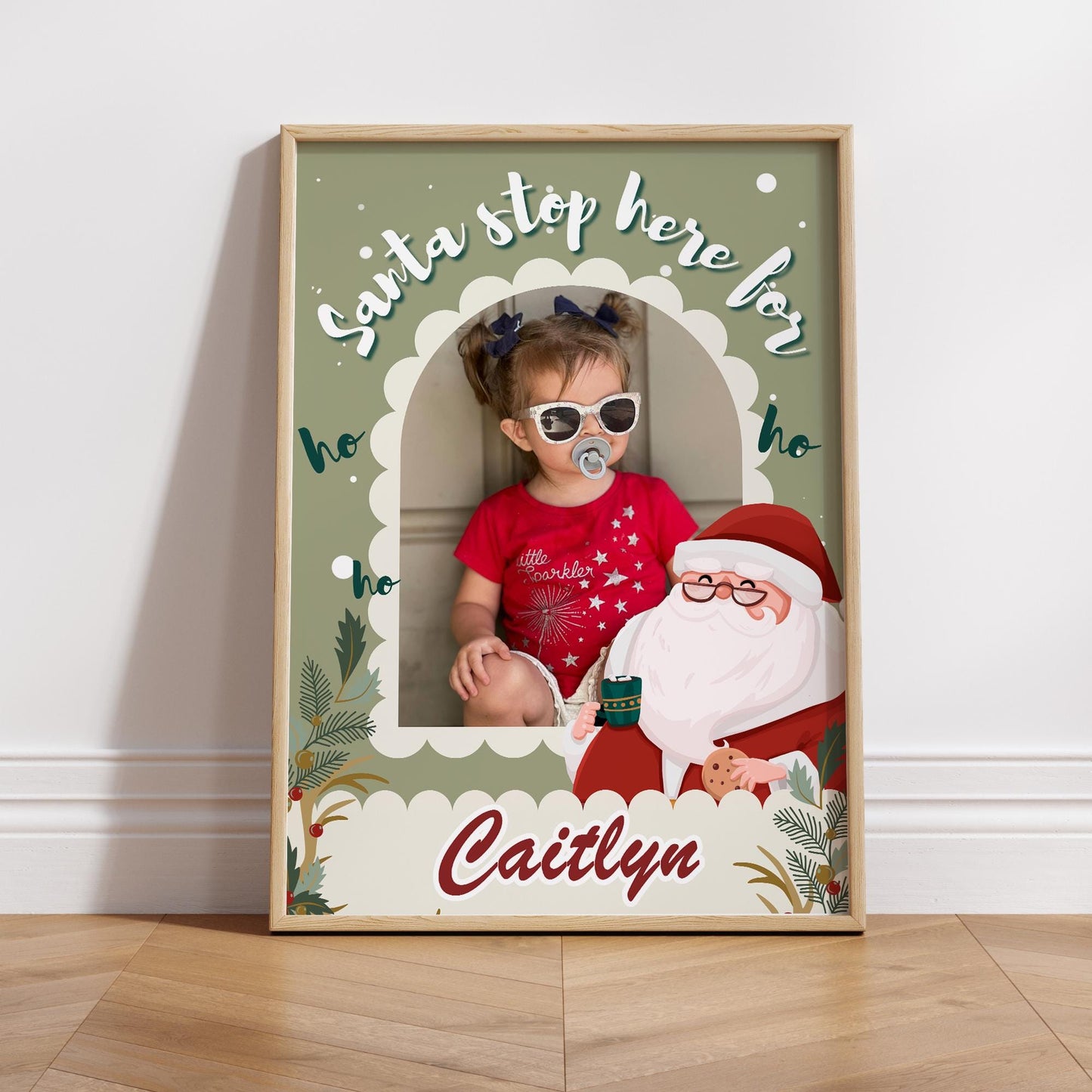 Personalised Santa Stop Here Photo Poster  Green Christmas Sign  Custom Name & Photo  Christmas Eve Decoration Keepsake for Kids